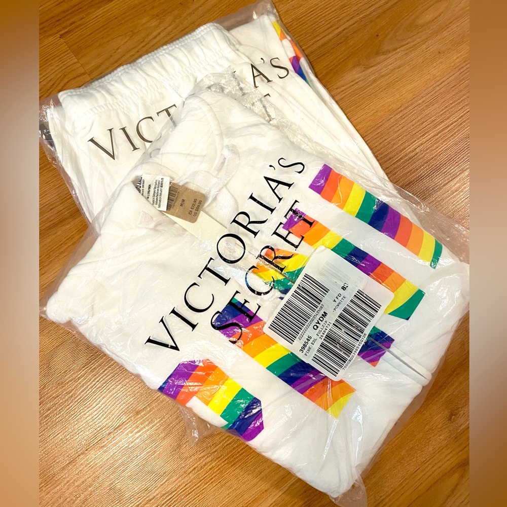 🌈NWT VS PINK RAINBOW WHITE MATCHING SET ZIP UP HOODIE / JOGGERS SIZE MEDIUM! HTF - Picture 16 of 16